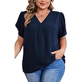 Women's Plus Size Casual Blouses Solid Business Work Tops Petal Short Sleeve V Neck Loose Fit T Shirt Summer Trendy 2026