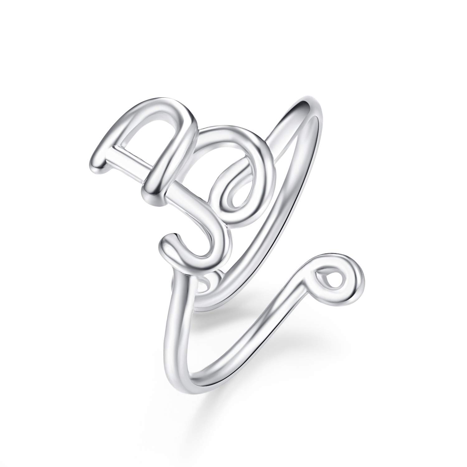 Letter Ring 925 Sterling Silver Stackable Ring Initial Letter Ring Adjustable for Women Girls (B)