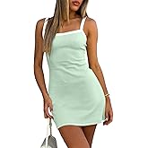 Misng Women's Sleeveless Ribbed Mini Dresses Contrast Color Spaghetti Strap Knit Casual Bodycon Slim Fit Color-Block Dress