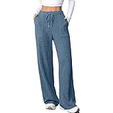 Aleumdr Womens Ribbed Wide Leg Lounge Pants with Pockets Casual Relaxed Comfy Loose Soft Knit Pajama Pants with Drawstring