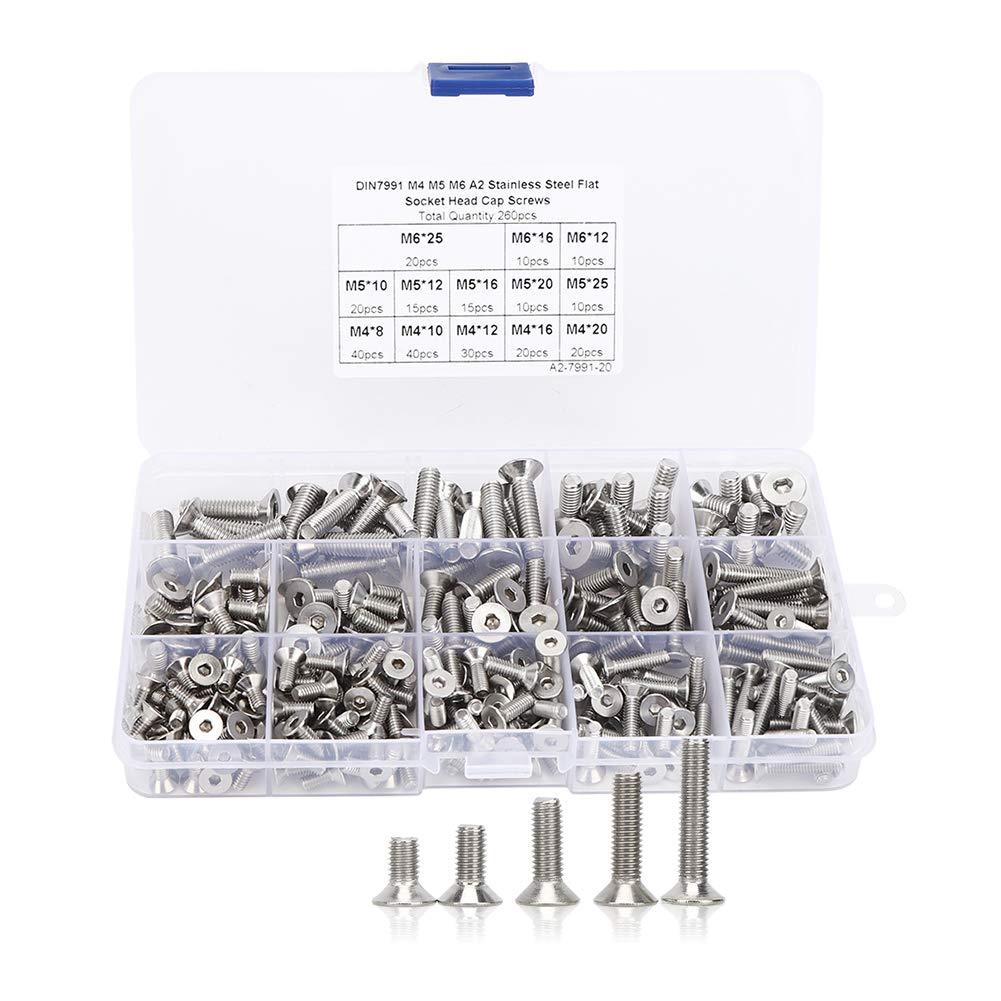 260Pcs Flat Screw Set,M4/M5/M6 Flat Screw Countersunk Screw Hex Socket Screw,Stainless Steel Flat head hex socket Screw Fasteners,for electronics industry fasteners