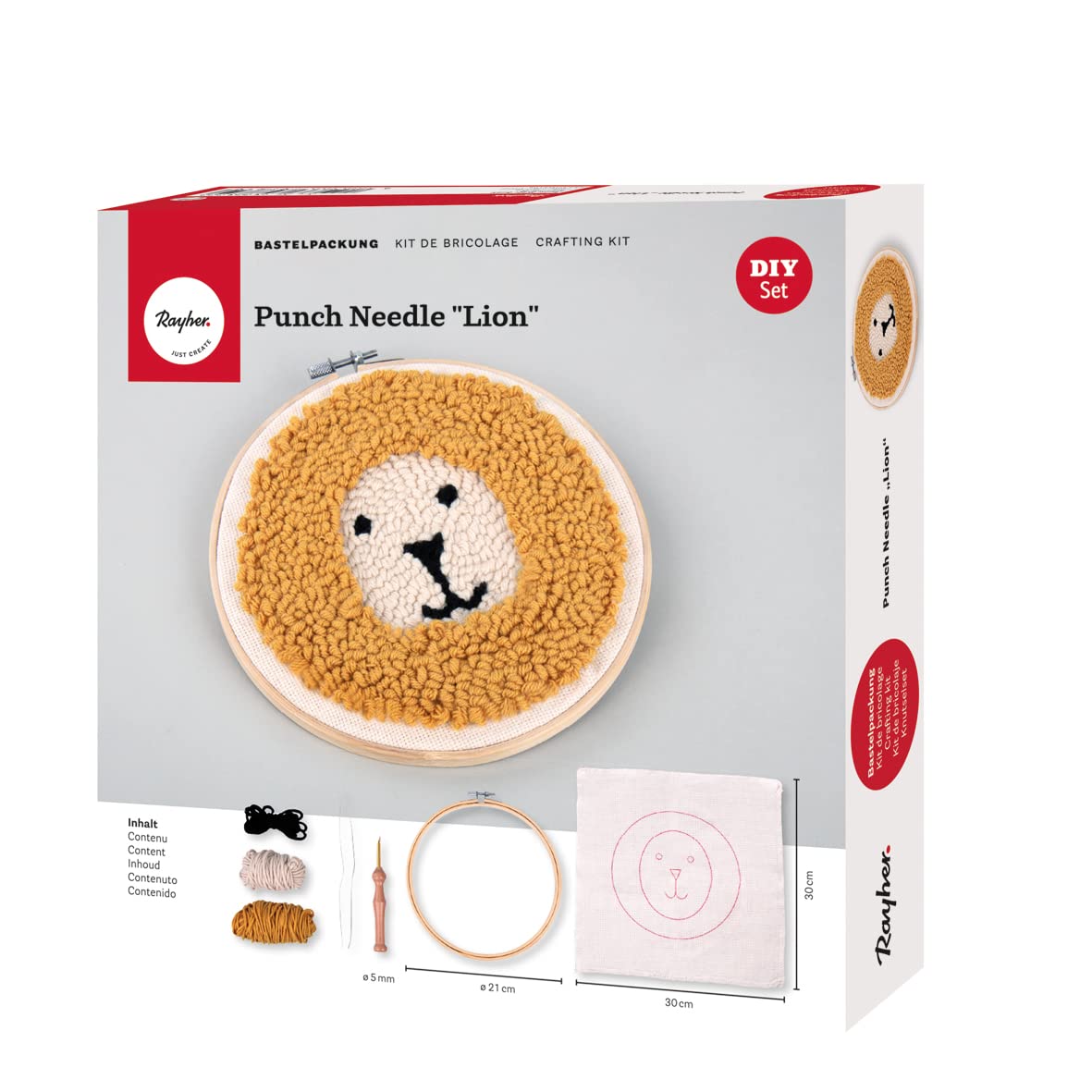 Rayher Embroidery Kit for Needle Punching, Starter Kit for Punch Needle Embroidery with Punch Embroidery Hoop and Cloth, Diameter 21cm, 43003000