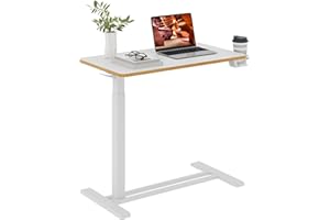 FitStand Medical Overbed Adjustable Bedside Table with Hidden Casters, Pneumatic Mobile Rolling Laptop Standing Desk with Tray for Home and Hospital Use, White