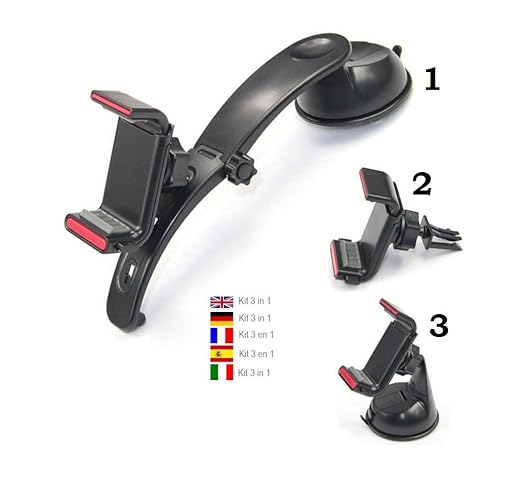 Color Dreams Soporte móvil coche Kit 3 en 1 universal 360º Iphone 6 / 6 plus / 5 / 5S / 5C / 4 / 4S , Samsung Galaxy S7 / S6 / S5 / S4 / Note 4/3 , Sony, BQ, Motorola, Google Nexus, LG G3 y muchos otros teléfonos o dispositivos GPS. Te va a dar igual el tipo de teléfono y de coche con este producto. Negro