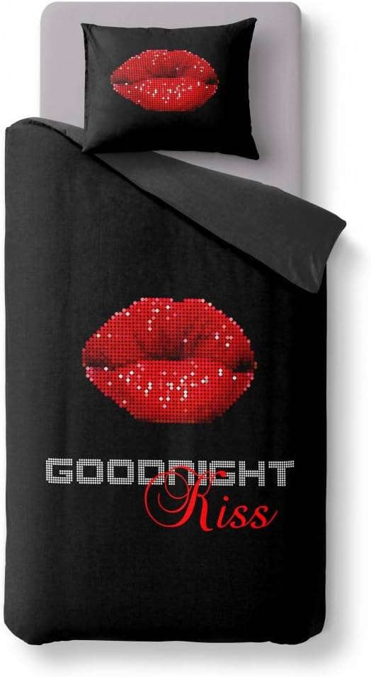 Nightlife – Bedding/Bed Covers 140 LED Lips Black/Red/Grey – 240x200/220 – with 2 Pillowcase 60x70, Microfibre, black, 140x200