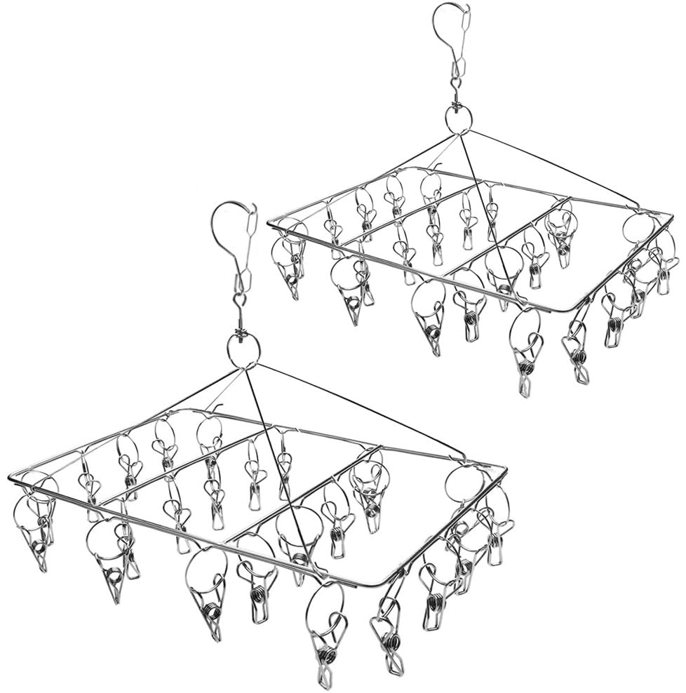 XYUXWLG Sock Hanging with 24 Pegs - 2 Pack Stainless Steel Sock Hanger Drying Rack with Swivel Hook - Windproof Laundry Hanger for Socks, Underwear, Baby Clothes and Hats