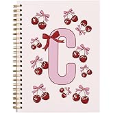 Rusenbao Personalized Cute Cherry Notebook Journal, Custom Initial Coquette Pink Bow Notebook for School Women Girls, Customized Gifts, Monogrammed Gifts for Women, Spiral Notebook 5.5 x 8.3(Letter C)