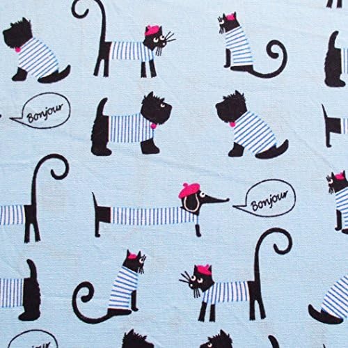 Black Cat Scottie Dog on Light Blue Fabric 36 by 36-Inch Wide (1 Yard) - 1 Yard (CT653)