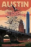Austin, Texas - Bats and Congress Avenue Bridge (9x12 Art Print, Wall Decor Travel Poster)