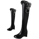 DEVILEYEZE Women's Winter Over The Knee Thigh High Snow Boots Stretch Thick Rabbit Fur Collar Warm Leather Waterproof Slip-on Hidden Wedge Boot