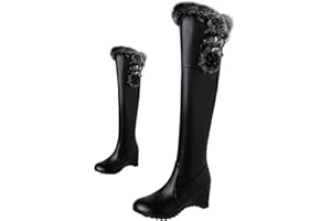 DEVILEYEZE Women's Winter Over The Knee Thigh High Snow Boots Stretch Thick Rabbit Fur Collar Warm Leather Waterproof Slip-on Hidden Wedge Boot
