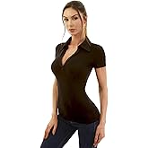 AmélieBoutik Women Collared V Neck Short Sleeve Polo Shirt