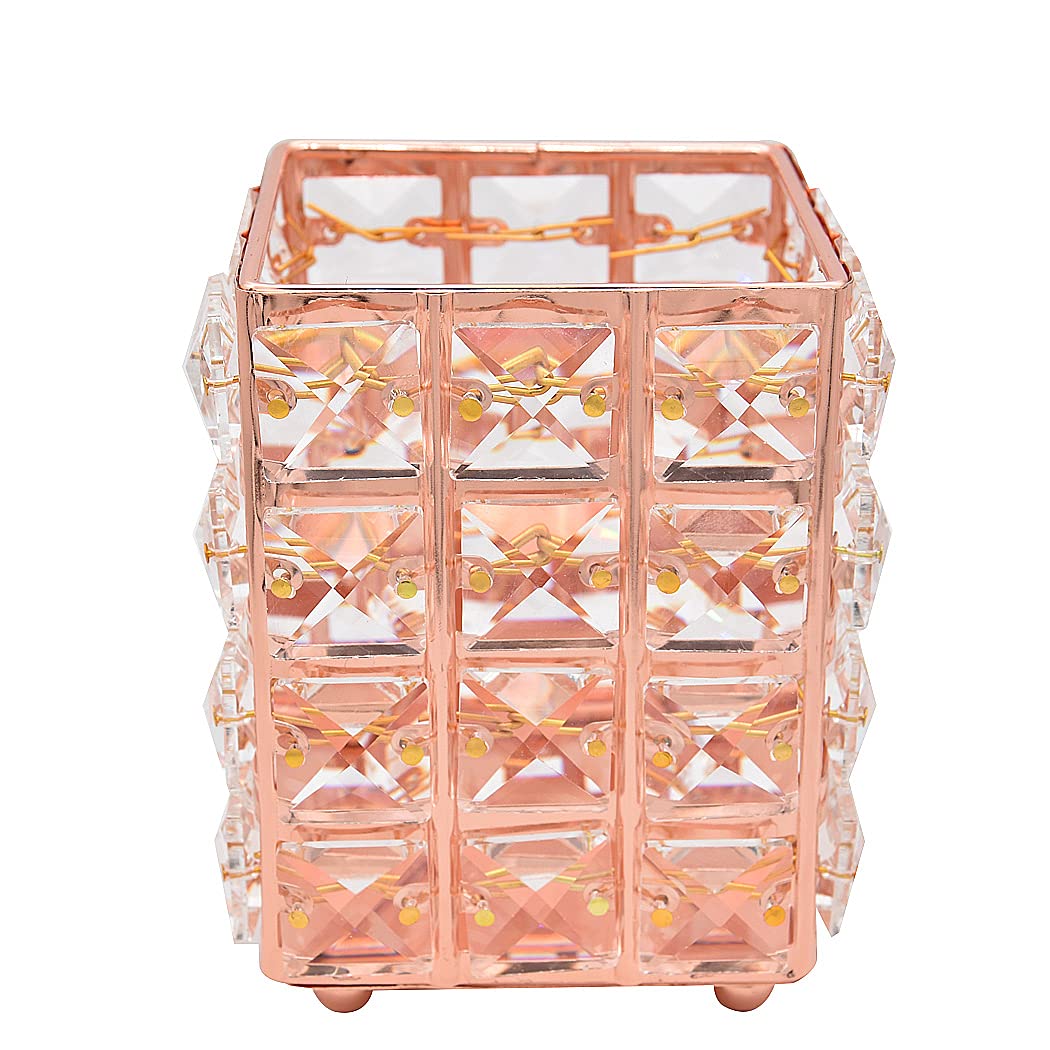 SIPLIV Makeup Brush Holders Pen Holder Handcrafted Crystal Eyebrow Pencil Pen Collection Cosmetic Storage for Vanity Bathroom Office Desk Organizer - Square, Rose Gold