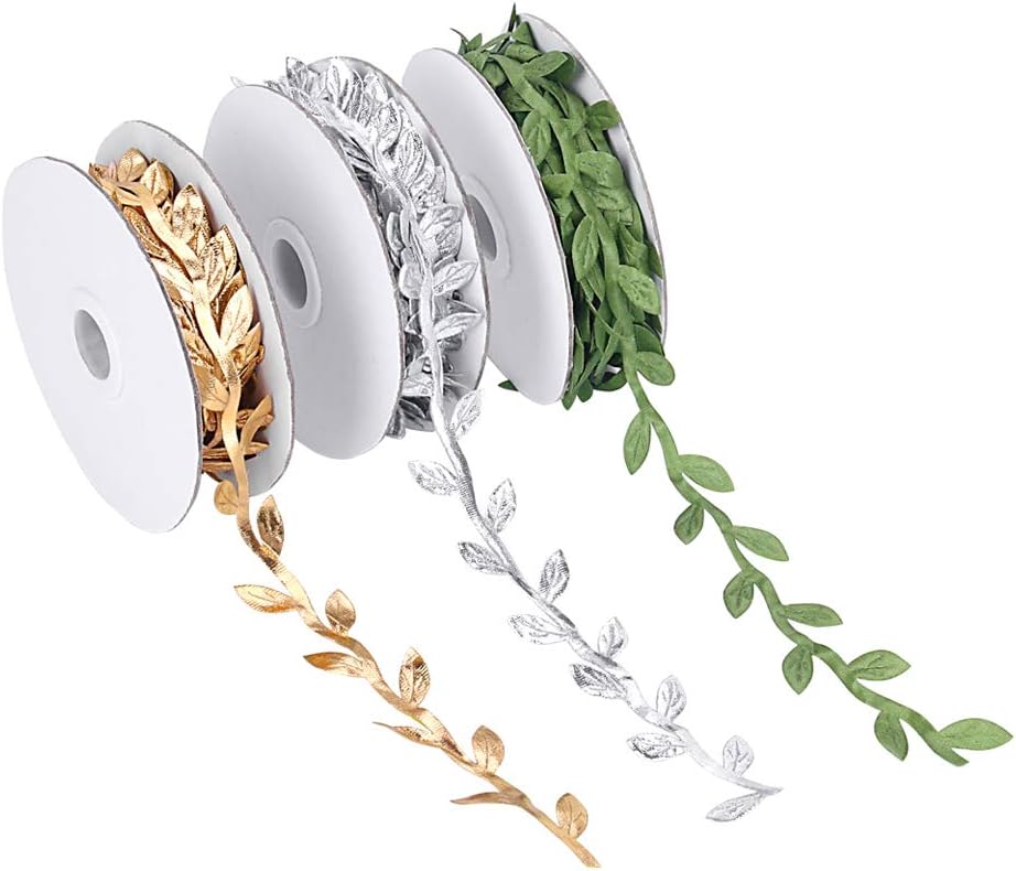 3 Rolls Artificial Leaf Plant Ribbons, Green/Gold/Silver Leaf Ribbon Trim Spool, Suitable for Headwear Party Flower Tree Hat Decoration, 1-1/4" X 10Yd X 3 Pack