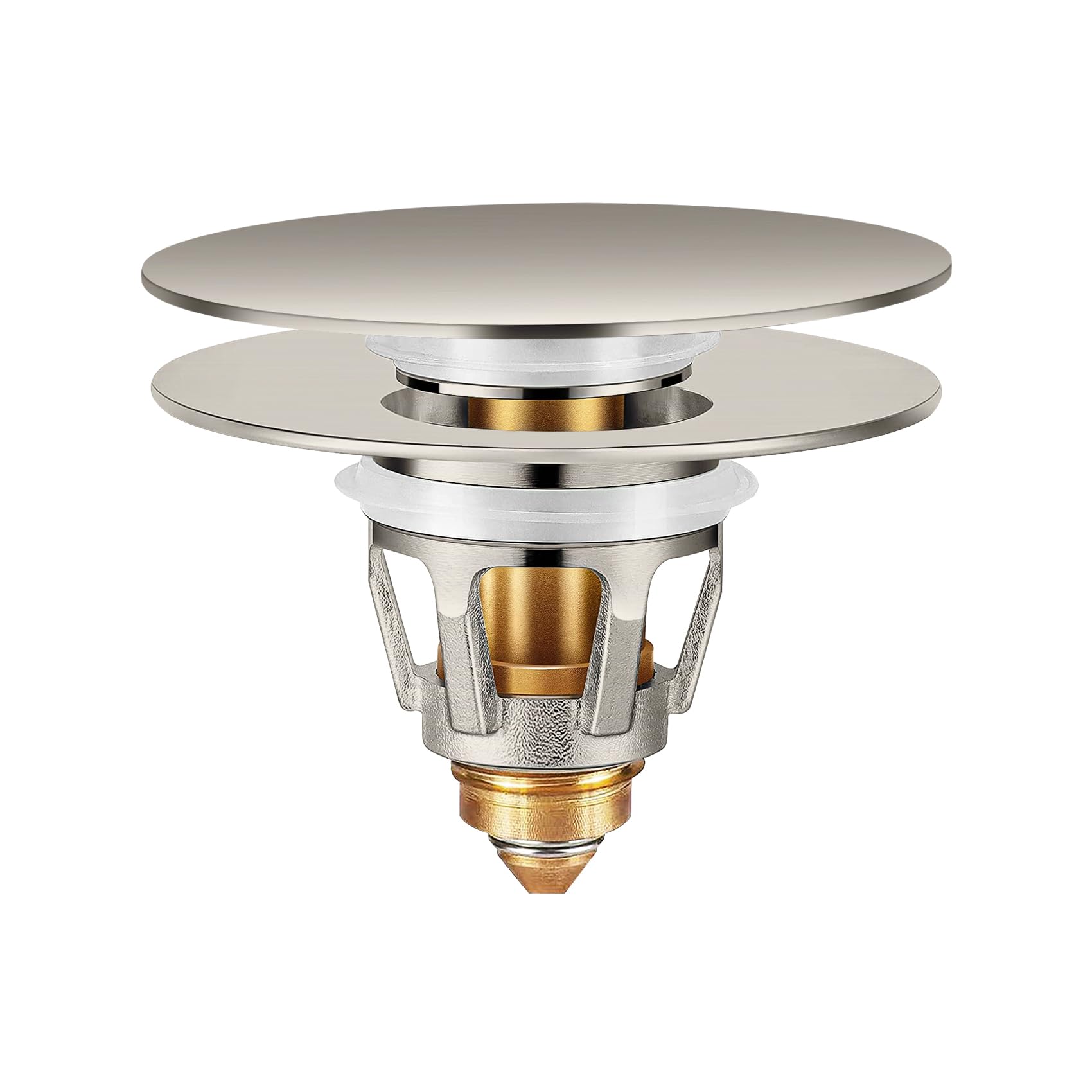 Photo 1 of Universal Bathroom Sink Stopper with Hair Catcher, for 1.04-1.97 Inch Drain Hole, Spring Core Bathtub Drain Cover, Pop Up Sink Plug Basin Drain Strainer, Large Lid Brushed Nickel