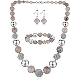PEARL&CLUB Beaded Chunky Statement Necklace Earring and Bracelet Set Silver Metal Bead Fashion Jewelry Set Mothers’ Day Gifts for Women