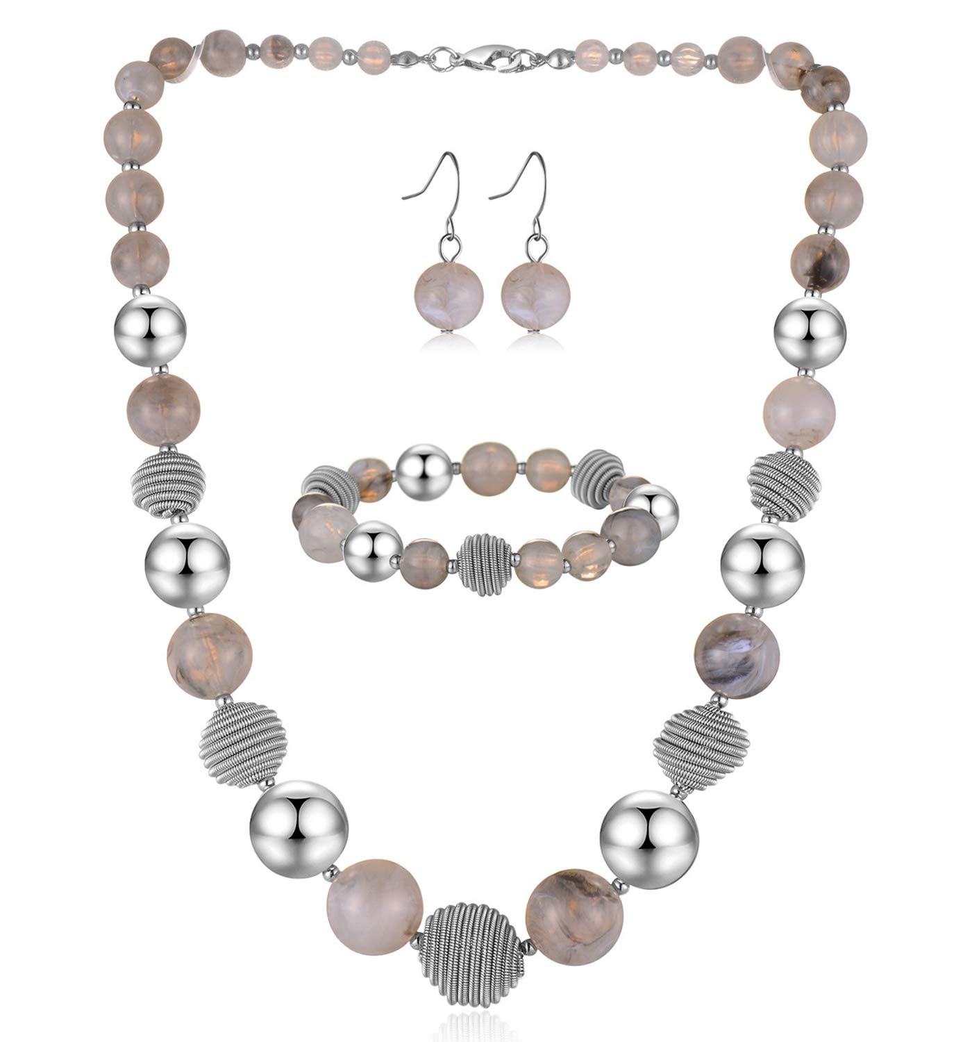 BULINLIN Chunky Beaded Silver Necklace Earrings Pearl Handmade Bracelet Set Statement Costume Fashion Jewellery Set Birthday Gifts for Women(Grey)