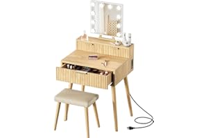 BOLUO Small Vanity Desk with Hollywood Mirror and Lights, Girls Vanity with Stool, Fluted Vanity Set, Compact Make Up Table with Drawers and Outlet Bedroom
