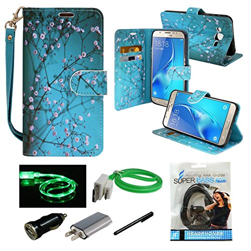 Galaxy J7 Case, Mstechcorp, Unique Design Flip PU Leather Fold Wallet Pouch Case Premium Wallet Flip Case For Samsung Galaxy J7 Phone - Includes Accessories (Blooming Teal)