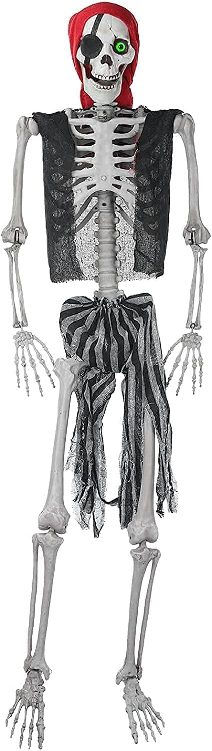 Photo 1 of Life Size Posable Pirate Skeleton - 5.4ft Halloween Decoration Realistic Full Body Human Bones with Glow-in-The-Dark Eyes - Ideal Prop for Indoor and Outdoor Decor.