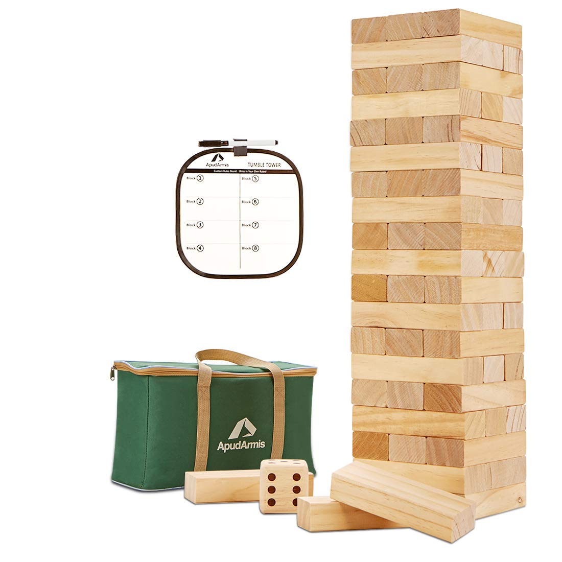 ApudArmis 60 PCS Giant Tumble Tower, Pine Wooden Toppling Timber Game with 1 Dice Set - Classic Block Wood Stacking Game for Adults Family (2.2Ft to 5Ft)