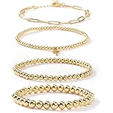 SHINUS BOHO Trendy 14K Gold Plated Pearl Crystal Cross Beaded Paperclip Stack Bracelets Sets for Women,4Pcs Stackable Trendy Waterproof Heart Ball Stretch Jewelry