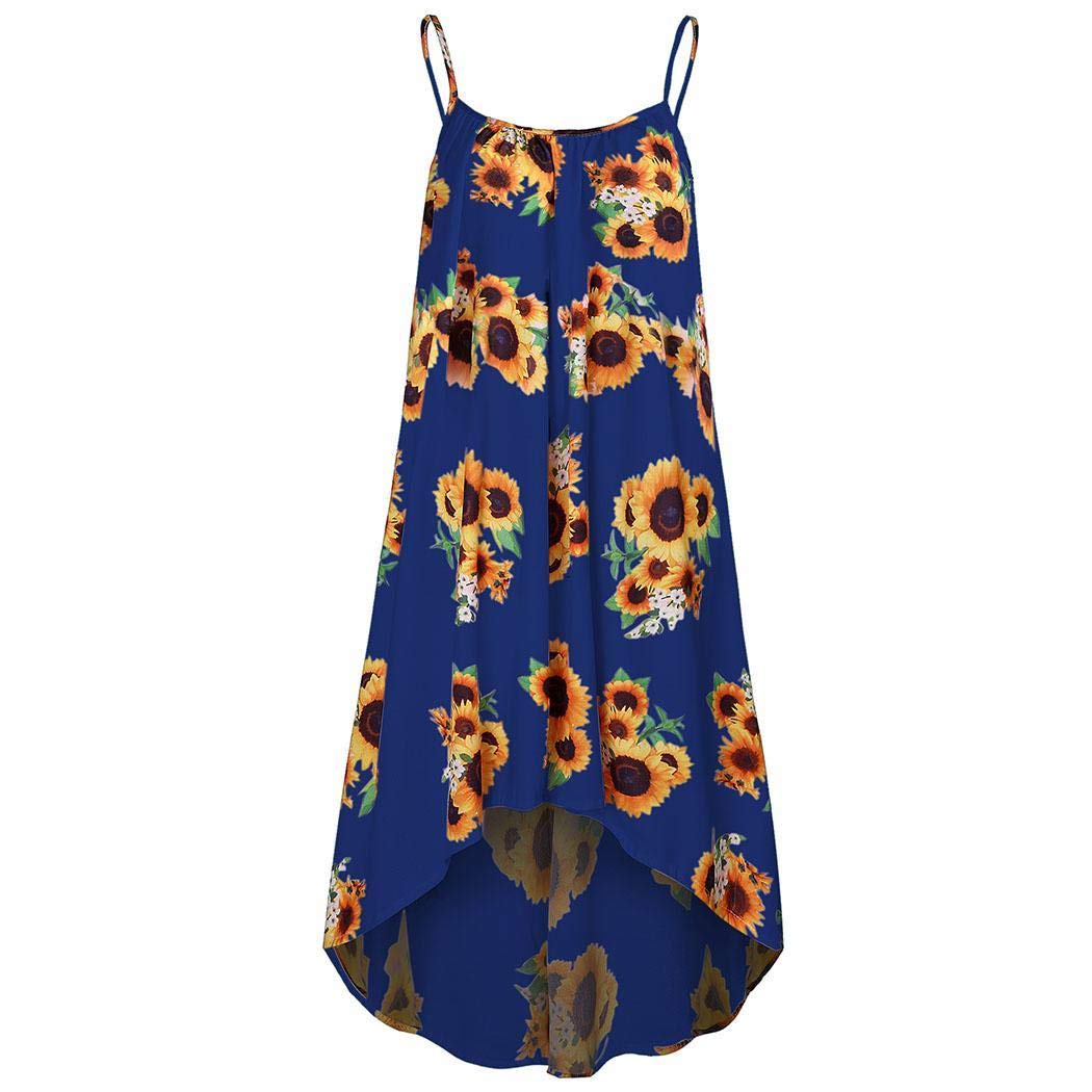 lazinem Women Casual V-Neck Short Sleeve Print Asymmetrical Hem Two-Piece Dress Dresses Blue