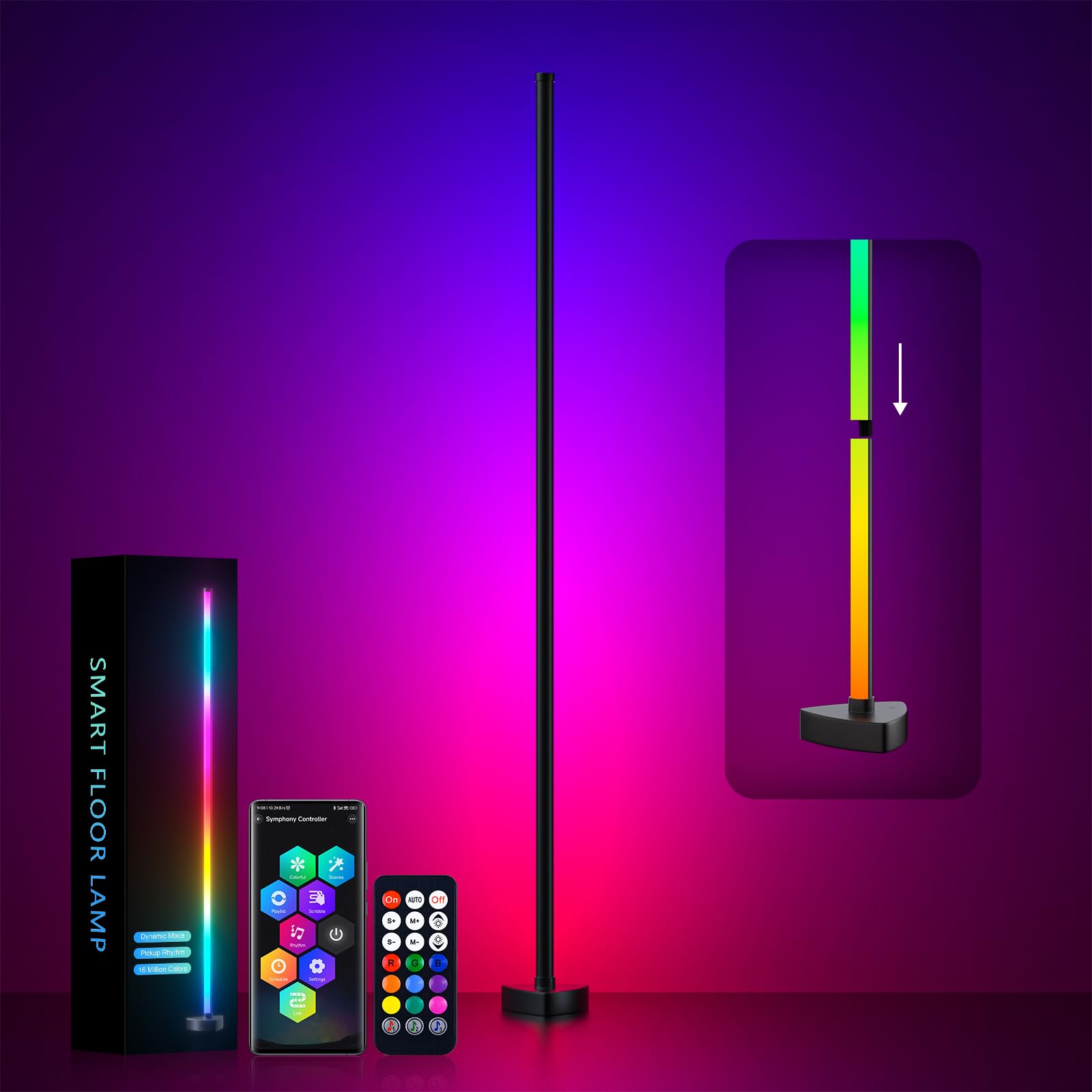 MIWATT LED Corner Floor Lamp, RGBWW Standing Lamp with App & Controller Control, Music Synic Atmosphere Tall Speed Brightness Adjustable for Restaurant Cafe Shop Aisle Yard Garden