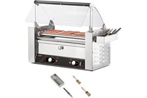 ROVSUN Hot Dog Roller Warmer ETL Certified, 5 Rollers 12 Hot Dog Machine Roller Grill Cooker with Bun Warmer, Cover, Dual Temp Control, LED, Removable Shelf & Drip Tray for Party Home Commercial 900W