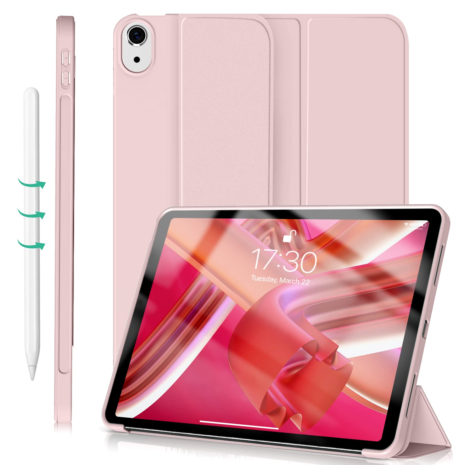 ZOYU Case for iPad Air 11-inch M4/M3/M2 2026/2025/2024, iPad Air 5th 4th Generation 2022 2020 10.9 inch, Auto Wake/Sleep, Silicone soft TPU Back Cover, Lightweight Trifold Stand Smart Case, Pink