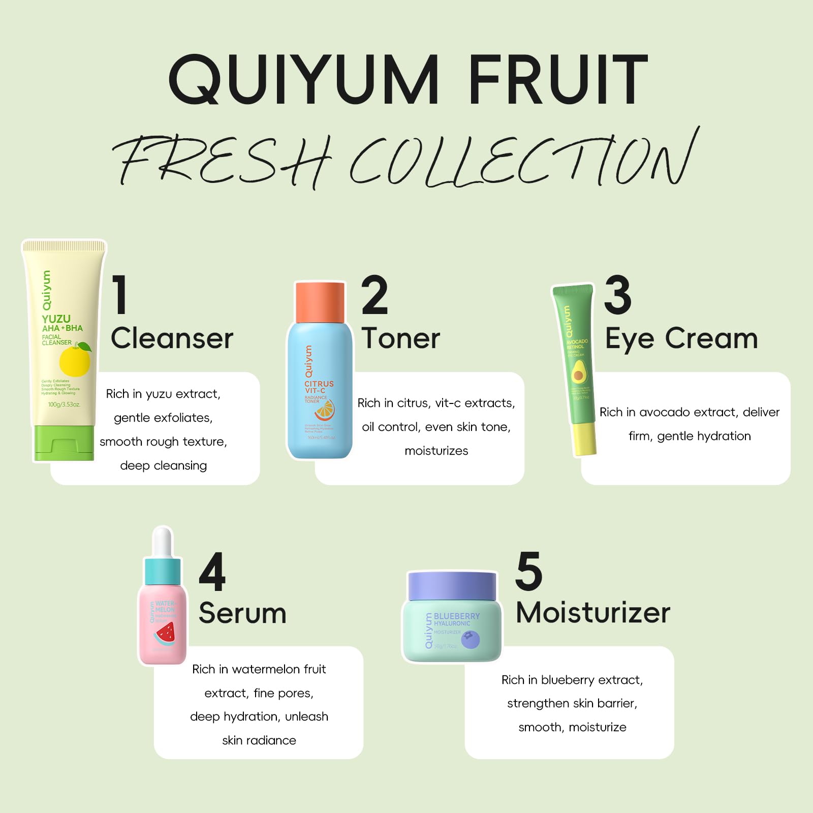 QUIYUM Fruit Skin Care Set, 5 Daily Routine Beauty Skin Care for Teens Girls - Gentle Skincare Gift Sets, Facial Care Set for Women,Travel Sets