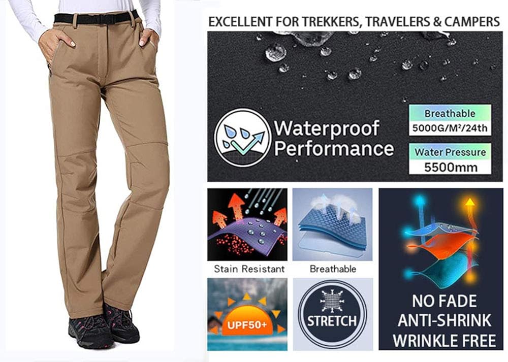 Women's Hiking Waterproof Pants Outdoor Windproof Fleece Lined Soft Shell Insulated Winter Pants Fishing Safari Travel: Clothing