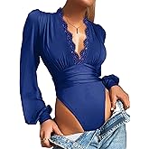 LYANER Women's Lace Trim V Neck Puff Long Sleeve Leotard Bodysuit Tops