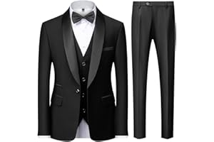 KUDMOL Men's 3 Piece Tuxedo Suit for Men One Button Jacket Suits Slim Fit for Wedding Prom Blazer Vest Pants
