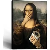 Framed Funny Mona Lisa Bathroom Canvas Wall Art Parody World Famous Paintings Poster Print Modern Bathroom Paintings Humor Painting Gallery Wrap Bathroom Wall Decor 12x16 Inch Ready to Hang