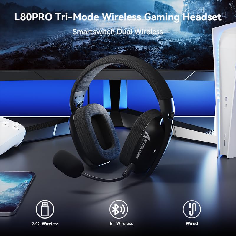 MAMBASNAKE Attack Shark L80PRO Ultralight 7.1 Surround Sound Wireless Gaming Headset with Dual Foldable Microphone, Tri-Mode (Wired 2.4GHz/BT/3.5mm), 40mm Speaker for PC/Mac/PS/Xbox, Black