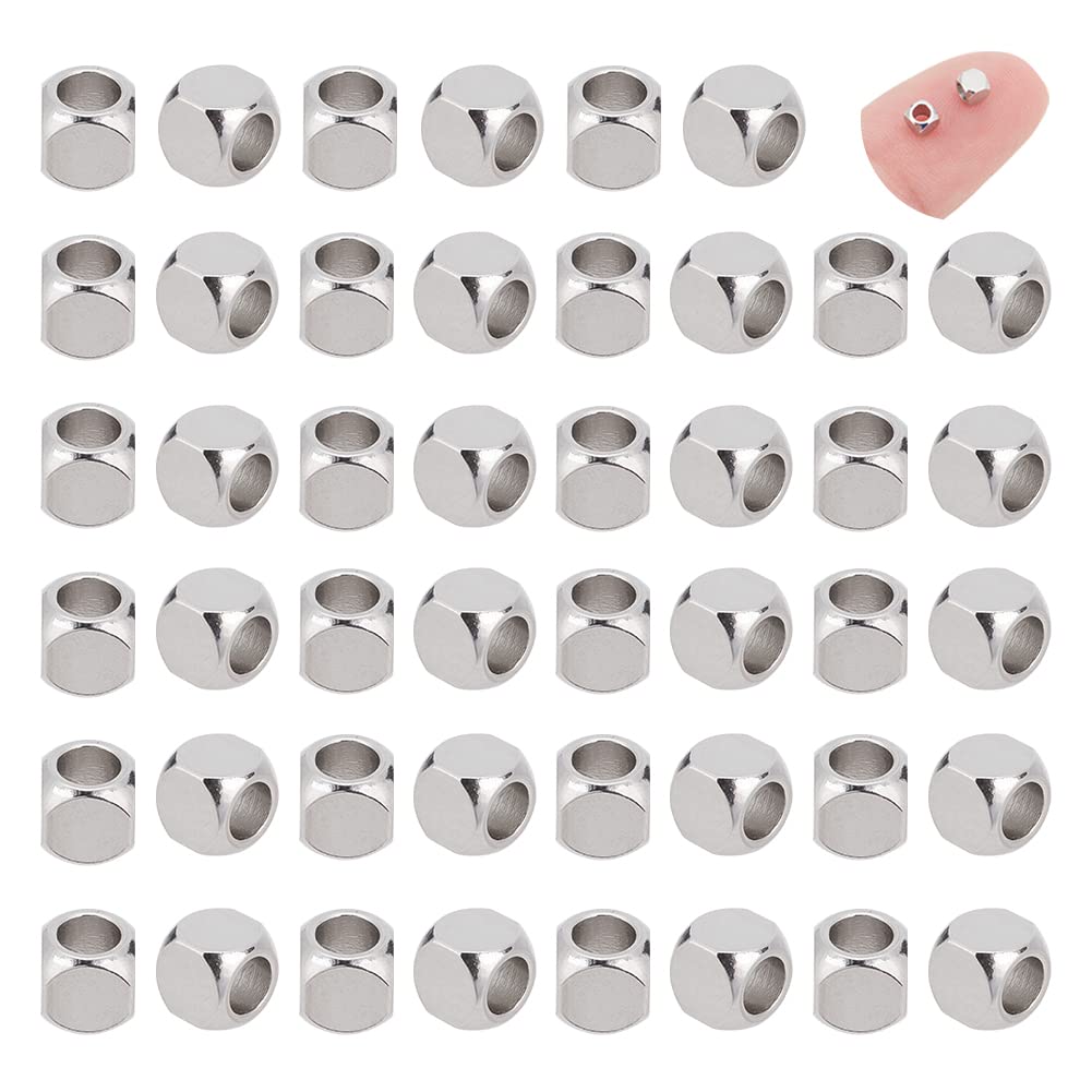 UNICRAFTALE 100pcs 3mm Cube Beads Stainless Steel Loose Spacers Beads Charms Metal Finding Beads for Bracelet Necklace Jewelry Making, About 2mm Hole