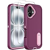 Temcase for iPhone 16 Plus Case with Built-in Invisible Kickstand, [2*Screen Protector] Military-Grade Protection Shockproof Protective Cover, Hard Back Stand Phone Case for iPhone 16 Plus (Wine)
