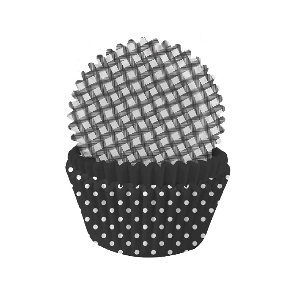 Anniversary House Pack of 75 Charcoal Black Gingham & Polka Mix Cupcake Cases, Polka Dot & Gingham Cupcake Cases for Baking, Baking Cups in Heavy Duty Greaseproof Paper, 3.2 x 5cm, CC054A