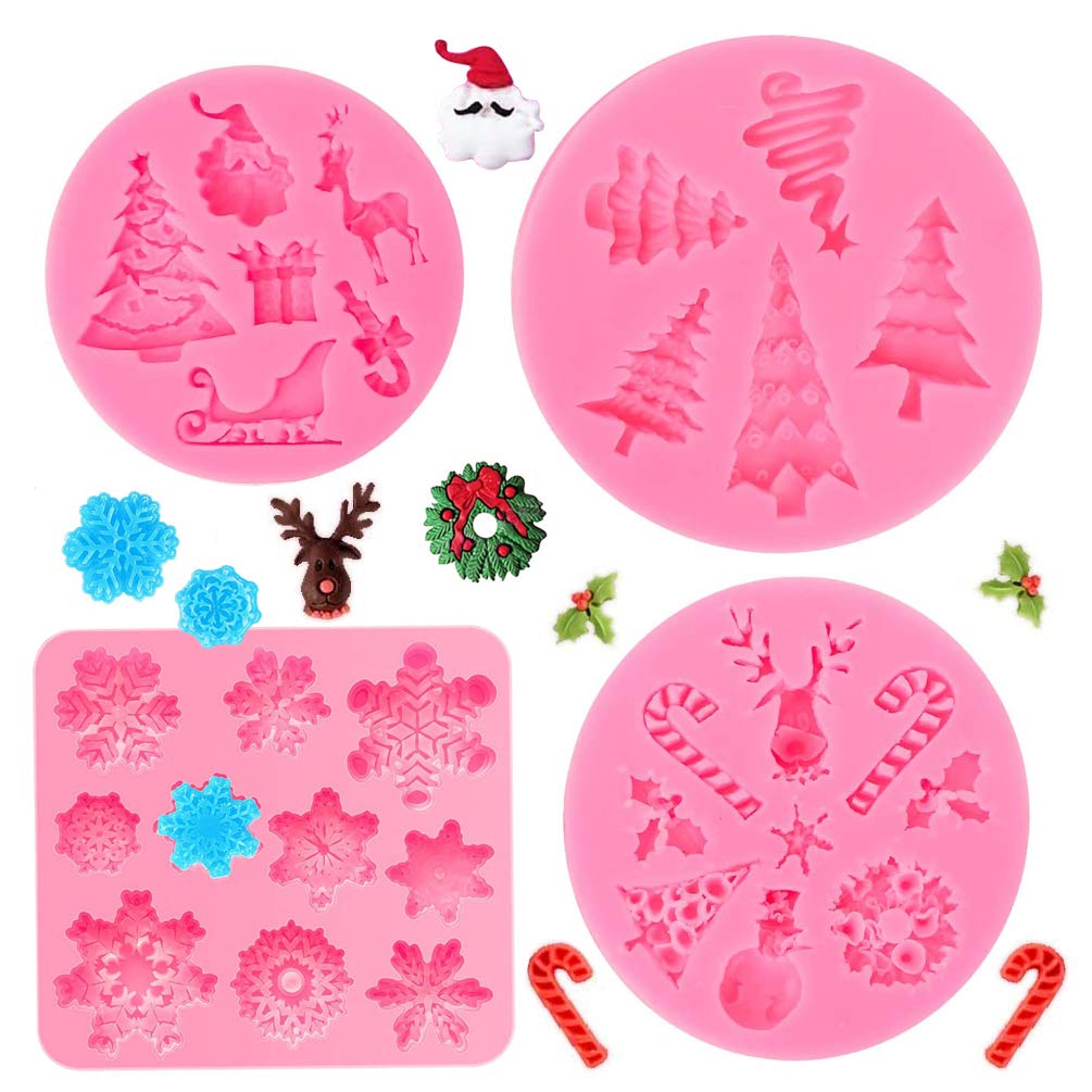 SUNSK Silicone Fondant Cake Moulds Xmas Molds 3D Snowflake Christmas Tree Reindeer Santa Mould DIY Soap Jelly Cake Chocolate Sweet Moulds Silicone Baking Molds Decorating Tools 4 Pcs