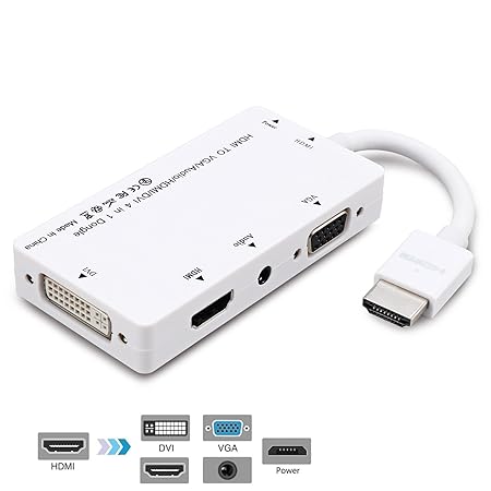 CableDeconn Multiport 4-in-1 HDMI to Hdmi/dvi/vga Adapter Kable with Audio Output Converter White