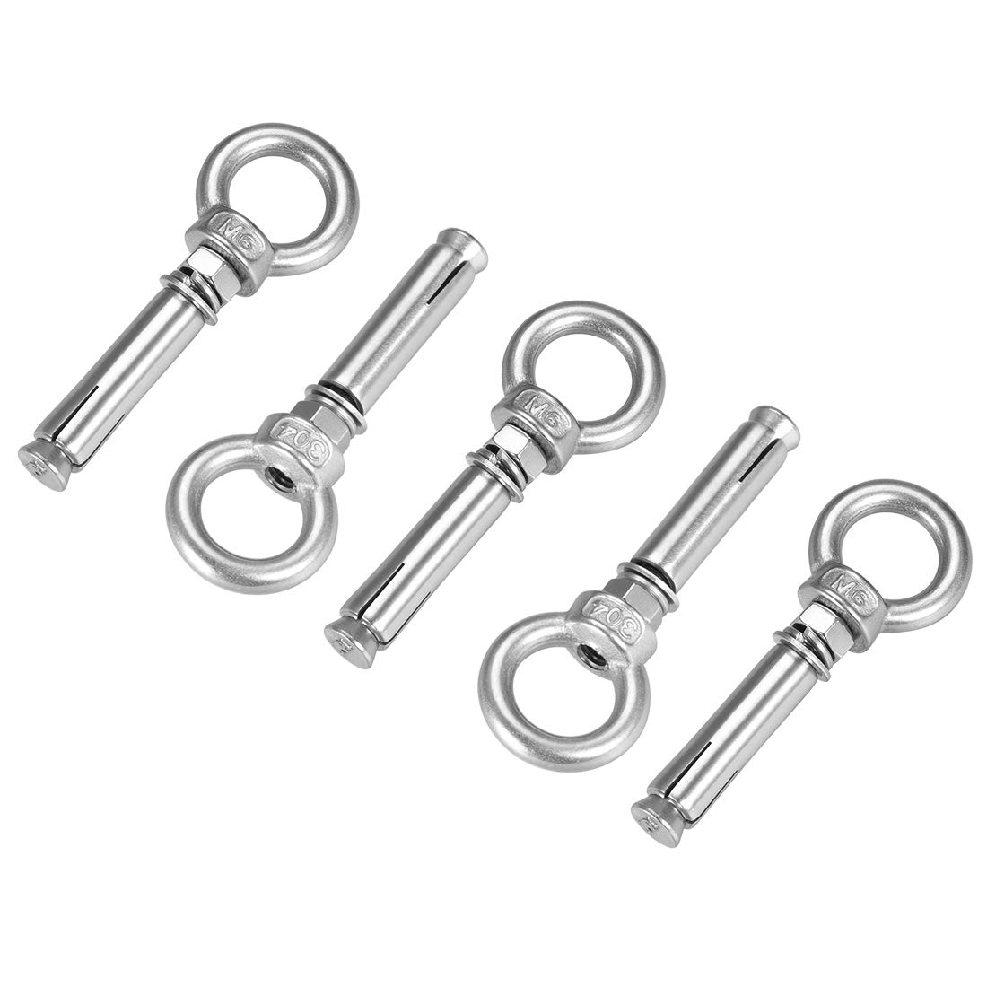 sourcing map M6 x 50 Expansion Eyebolt Eye Nut Screw with Ring 304 Stainless Steel Anchor Raw Bolts 5 Pcs