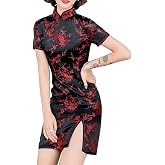 HFU Women's Cheongsam Costume Short Sleeve Side Slit Floral Print Mandarin Collar Evening Bodycon Cocktail Dress
