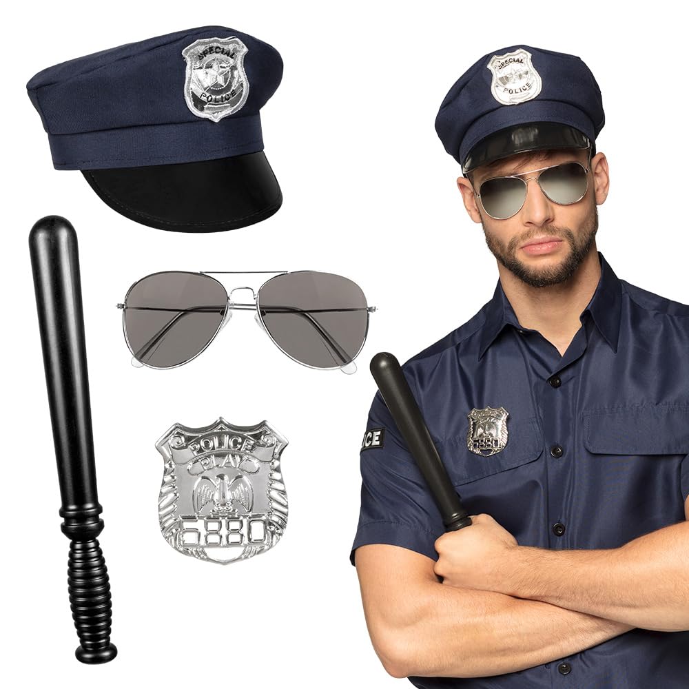 Boland 01410 – Police Set, Hat, Party Glasses, Badge and Baton 33 cm, Black/Silver, Sheriff, Policeman, Costume, Carnival, Theme Party