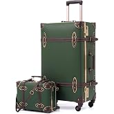 urecity 2-Piece Vintage Army Green Luggage Set, Trunk, 26" &amp; 12" | Aluminum Frame, TSA Lock, 360&deg; Mute Spinner Wheels, Water-Resistant Vegan Leather &amp; PP Shell, Clear Cover Included