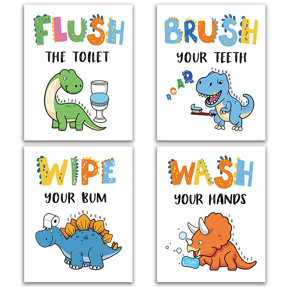 Photo 1 of Dinosaur Bathroom Decor, Funny Dinosaur Themed Bathroom Inspirational Quotes Art Print Humorous Quotes Painting, Set of 4 (8”X10”), Unframed