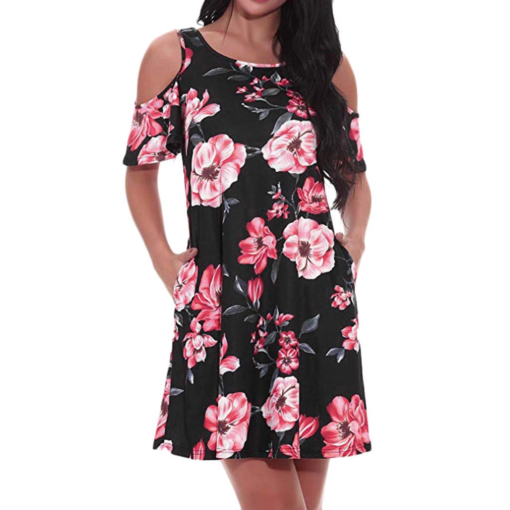 KYLEON Women’s Casual Dress V Neck A Line Cap Sleeve Elegant Mini Tunic Dress Summer Floral Print Short Sundress