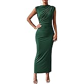 BTFBM Women's Ruched Bodycon Dress Summer Casual Sleeveless Lightweight Back Slit Elegant Club Party Cocktail Maxi Dresses