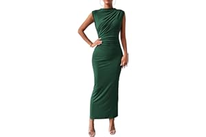 BTFBM Women's Ruched Bodycon Dress Summer Casual Sleeveless Lightweight Back Slit Elegant Club Party Cocktail Maxi Dresses