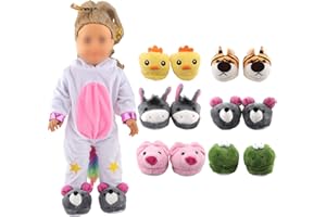 PUHIKE 6 Pairs of Animal Doll Shoes, 18 Inch Doll Accessories Cute American Baby Doll Shoes Furry Cartoon Slippers with Chick, Tiger, Horse, Mouse, Pig and Frog